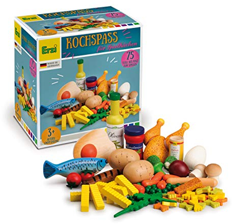 Erzi 28217 Sortierung Kochspaß aus Holz, Kaufladenartikel für Kinder, Rollenspiele