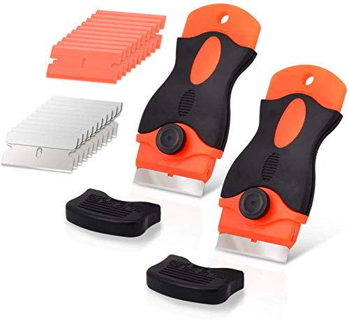 Ehdis 2 PCS Raschietto + 10 Lame in Acciaio Inox e 10 Lame in plastica, Raschietto Vetro, Raschietto Forno per Colla, Colore, Decalcomanie, Piano Cottura e Forno, Arancia