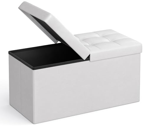 SONGMICS Pouf Contenitore, Cassapanca Contenitore da 89 Litri con Coperchio Ribaltabile, Panca con Sedile Imbottito, Pieghevole, 38 x 76 x 38 cm, Bianco LSF45WT