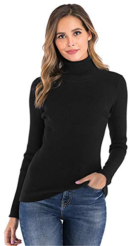 Enjoyoself Damtröja med polokrage stickad vinter varm termisk chic smal passform modern tajt ståkrage bekväm undertröja basic ulltröja topp långärmad vintage topp, Svart 2, L