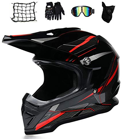 MRDEAR Crosshelm Schwarz, Motorrad Enduro Helm, Motocross Helm Set, Brille/ Handschuhe/ Maske/ Motorrad Netz, Off Road Helm Mopedhelm Motorradhelm ATV Downhill MTB, 2 Farben,Rot,S
