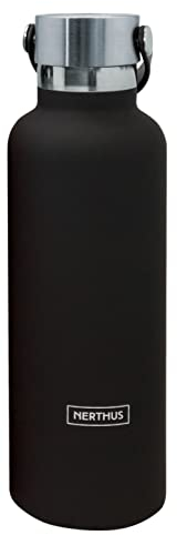 NERTHUS FIH 720-Borraccia Termica con Doppia Maniglia per Il Freddo e Il Caldo Design Nero Inox, 750 ml, Senza BPA, 18/8, Acciaio Inossidabile