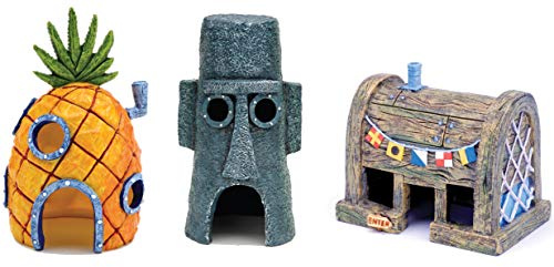 Penn-Plax Spongebob Squarepants Officially Licensed 3-Piece Aquarium Ornament Bundle – Spongebob’s Pineapple House, Squidward’s Easter Island Home, and The Krusty Krab