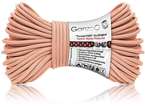Ganzoo Paracord 550 Seil 4mm Typ 3 lachs rosa, 30 m Hybrid aus Nylon Polyester, 32-Litzen Außenmantel, 7 Innenstränge, ca. 250 kg Bruchlast, für Outdoor, Abspannungen, DIY Projekte