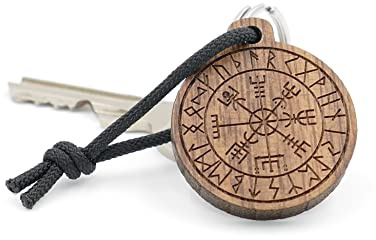 Laserfaktur Schlüsselanhänger Vegvisir aus Walnussholz | Wikinger Kompass | Runen