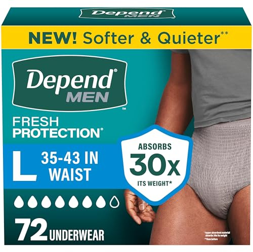Depend Fresh Protection Adult Diapers, Incontinence Underwear for Men, Disposable, Maximum, Large, Grey, 72 Count (2 Packs of 36), Packaging May Vary