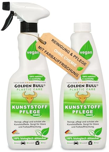 Golden Bull® Kunststoffreiniger & Kunststoffpflege 2x500ml Auto Innenraum [VEGAN - OHNE CHEMIE] Kunststoff Reiniger und Pflege für Cockpit Reinigung - Autopflege Innen mit Farbauffrischung