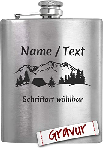 Camping Geschenk Flachmann mit Gravur/Spruch personalisiert, Outdoor Camper Geschenke für Männer/Papa/Opa/Ehemann, Reise Geschenkidee zum Geburtstag, Vatertag
