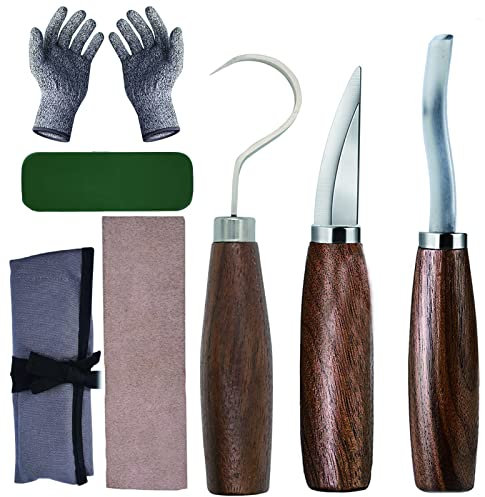 DOPORA Juego de herramientas para tallar madera 7 en 1 Kit para tallar madera con cuchillo de gubia, cuchillo para tallar con gancho, cuchillo para tallar madera, guantes, afilador de cuchillos