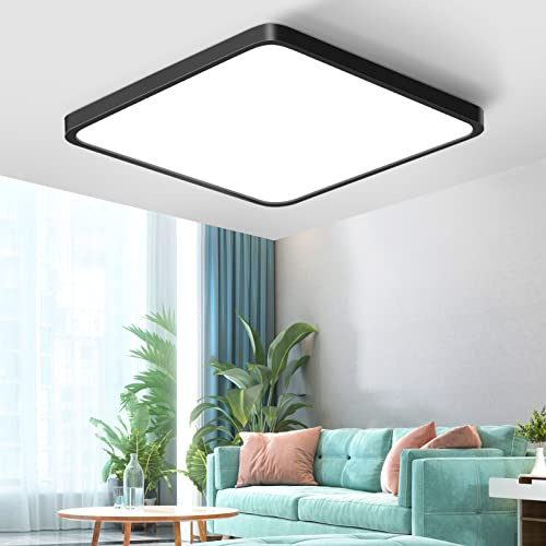 12in/30cm 24W Square LED Flush Mount Ceiling Light, 5000K Daylight White Bathroom Light, 3200LM, Black Flat Ceiling Lights, 240W Equivalent Ceiling Lamp for Closets, Kitchens, Hallway, Bedrooms, etc.
