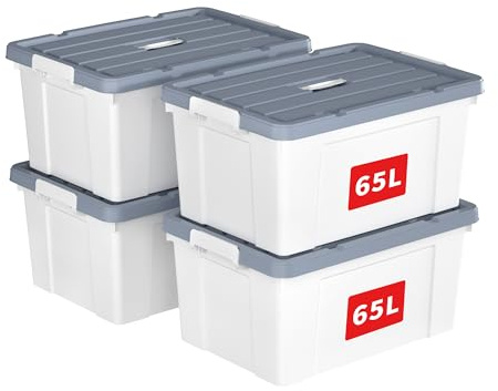 Cetomo 65L*4 Aufbewahrungsboxen, Tragbare Plastikboxen mit Deckeln, Organizer-Behälter mit Griff und Clips, Stapelbar, Ineinander Nestbar, für Zuhause und Büro, Weiß, 65L-4er Pack