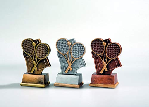 eberin · Tennis-Pokal, Resinfigur Tennis, Gold - Silber - Bronze, mit Wunschtext, wählbar in 3 Farben, oder als 3er-Serie