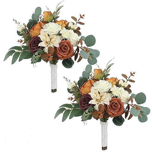 Rinlong Set mit 2 Herbst-Hochzeitssträuße für Brautjungfern, gebranntes Orange, Terrakotta, Brautjungfern, Blumenstrauß, Hochzeitszeremonie