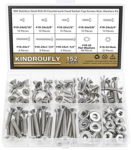 Kindroufly 152 Pieces #10-24 x 5/16, 3/8, 1/2, 5/8, 3/4, 1, 1-1/4, 1-1/2, Countersunk Head Socket Cap Screws Nuts Washers Assortment Kit, 304 Stainless Steel, Fully Machine Thread