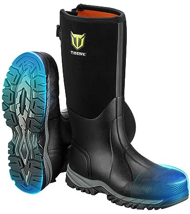 TIDEWE Stivali da lavoro a prova di foratura con punta e gambo in acciaio, stivali in gomma antiscivolo impermeabili da uomo, stivali da esterno in neoprene da 6 mm, stivali da caccia durevoli per