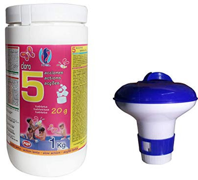 Cloro en Pastillas 5 Acciones Tabletas 20gr. Bote 1 Kg (+ Clorador Pequeño)