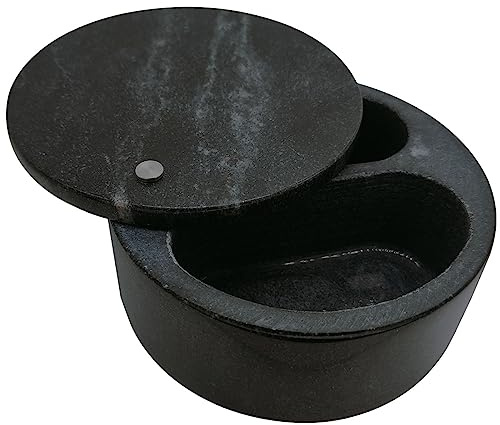 Kerixi Marble Salt Cellar and Storage Box with Two Compartments Salt Box with Swivel Lid for Storing Spice (Black)
