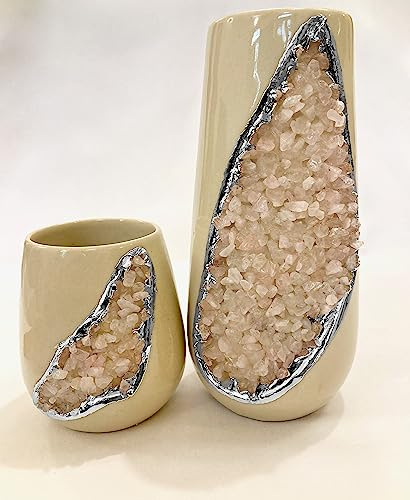 Cream and Gold Ceramic Vase/Planter/Pot/Wine Goblet/Mug with Rose Quartz Semi - Precious Agate Crystal Gemstones |Small(Height 4 inch), (Silver - Finish)
