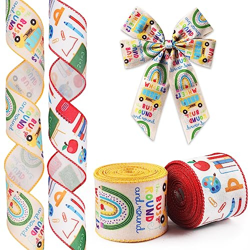 Hying 2 Rolls Back to School Ribbons for Wreath Bows Wrapping Gifts, First Day of School Wired Ribbon for Gift Wrapping Back to School Decoration Supplies Preschool Party DIY Crafts 2.5 X 10 Yard