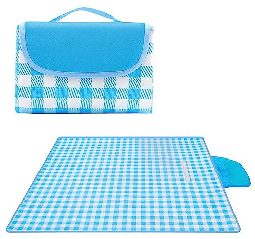 TengYuer Picknickdecke 180x200cm Stranddecke Wasserdicht Sandfrei Isoliert Faltbar Strandmatte mit Tragegriff Outdoor Campingdecke XXL für Camping Parks Strände Picknick Blau-Weiß-Kariert