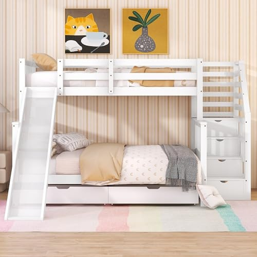 ZYLOYAL10 Etagenbett, 90 x 200 über 140 x 200, Mit Schubladen, Stauraum und Rutsche, Multifunktional