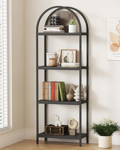 Yusong Bookshelf 4 Tier Arched Bookcase, 71.3 Tall Industrial Open Book Shelves for Living Room, Modern Freestanding Display Shelving Unit Storage Rack with Metal Frame, Office, Bedroom, Black