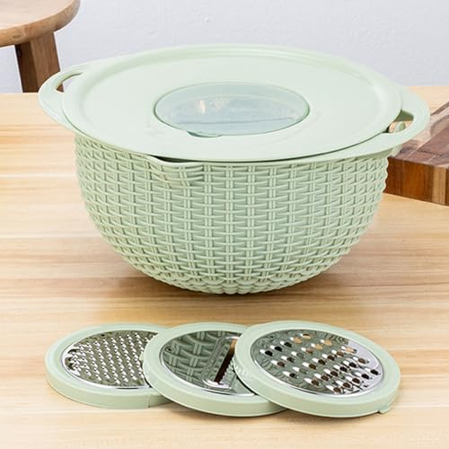 SANWOOD Set 4 in 1 scolapasta con ciotola, multifunzione in acciaio inox, colino per pasta, detergente per frutta, affettatrice per cucina (verde)