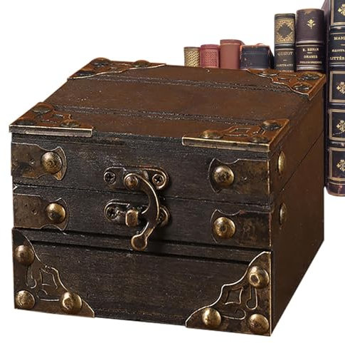 Schmucktruhe, Retro, kleine Aufbewahrungsbox, Holz, Vintage-Schatzbox, kleine Vintage-Schatzkiste mit Schloss für Damen Rockia