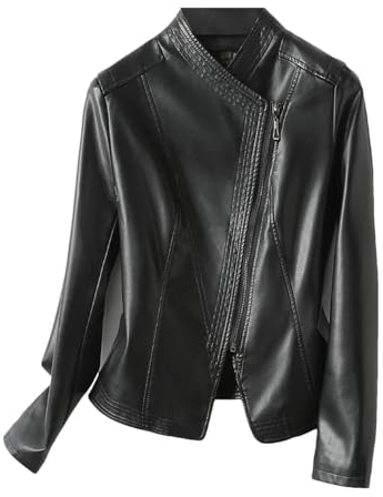 Kurze Lederjacke Frauen Stehkragen Diagonal Reißverschluss Schaffell Jacke Mäntel Echtes Leder Outwear, Schwarz , 42