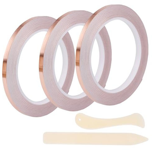 PEUTIER Kit Ruban de Feuille de Cuivre pour Travaux Manuels Vitrail, 60m 3 Rouleaux Ruban Adhésif Conducteur avec 2 Outils pour Blindage EMI Réparation Électrique Circuits en Papier Sourdine Guitare