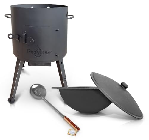 Utschak - Hornillo de hierro fundido con base plana con tapa, 12 l, diámetro 40 cm, cuchara espumosa para Plov 48 cm Учаг Uchag казан Kazan Oven (Set 2)