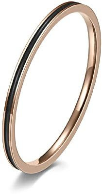 Lieson Bague Acier Inoxydable Femme, Bague pour Femme Empilable Fine 1.2MM Email Noir Alliance Bague Anneau de Mariage/Fiançailles/d'Amitié Or Rose Taille 60