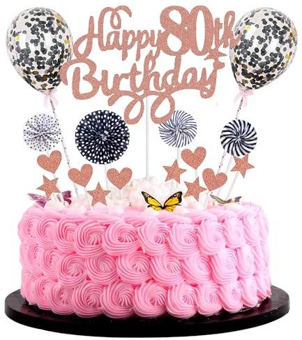 Happy 80th Birthday Cake Decoration 80 Years Woman Man Cake Decoration 80th Birthday Woman Pink Black Cake Topper 80th Birthday Girl Cake Decoration Rose Gold with Heart Star Balloon Glitter Topper