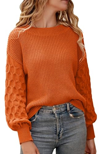 Zeagoo Suéter De Mujer Suéter Suelto Linterna Sudadera De Manga Larga Cuello Redondo Moda Chaqueta De Otoño E Invierno Clásico Suéter De Punto Sólido Suéter Suave Y Cálido Naranja L