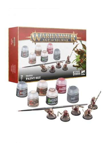 Games Workshop Paint Set Skaven Warhammer Age of Sigmar with Starter Brush Colours and 5 Plastic Clan Rats Miniatures to Assemble