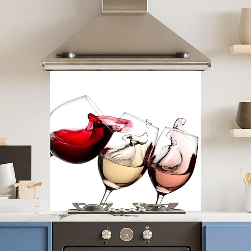 Toughened 6mm Glass Kitchen Splashback 70 x 65cm White 3 Wine Glasses - Polished Heat Resistant Back Splash for Cookers Hob
