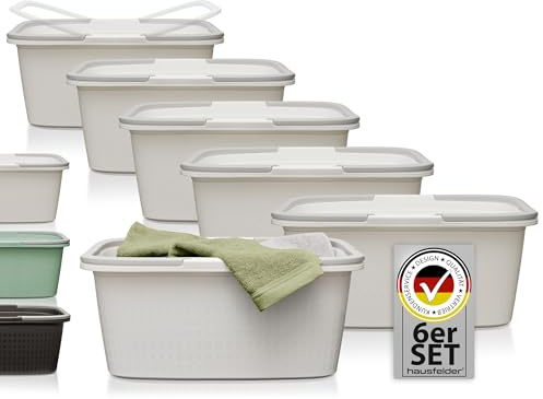 Hausfelder Wäschekorb XXL Weiß Kunststoff 35L, 6 Stück, 58x37x25cm | Wäschewanne Set 6 Stück 58x37x25cm, Wäschewanne mit Henkel und Griffen, stapelbar, robust 15kg belastbar
