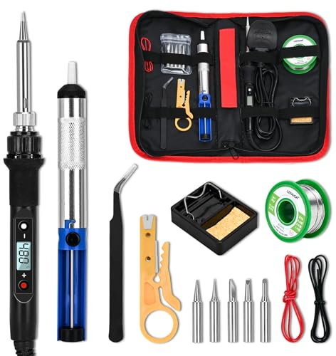 COVVY Soldering Iron Kit, 80W LCD Adjustable Temperature 180-450℃ Electric Welding Tools, with 5 Soldering Tips, Desoldering Pump, Wire Stripper Cutter, Stand, Tweezer, Tool Case