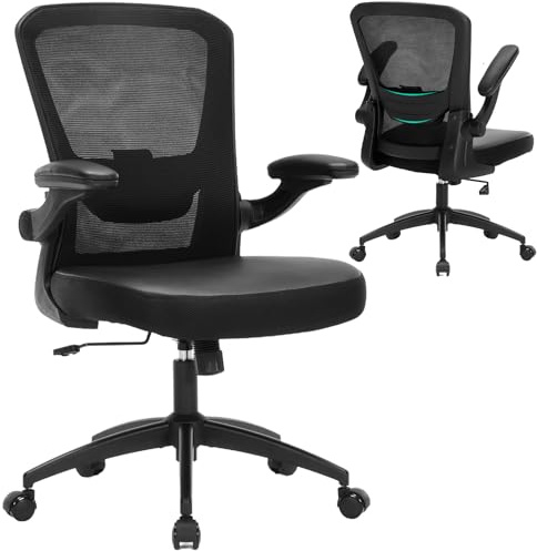 TOPBSHODC Ergonomic Office Chair 400lbs PU Leather Mesh Desk Chair with Lumbar Support, Flip-Up Arms, Swivel Wheels, Adjustable Height, Rolling Executive Computer Task Chair for Home Office,Black