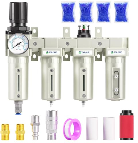 TAILONZ PNEUMATIC 3/4 Inch NPT 0-240 PSI Industrial Grade 4 Stage Air Drying System, Double Particulate Filter, Coalescing Filte,Desiccant Dryer and Air Regulator (Automatic Drainage）