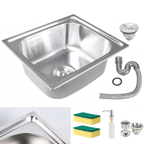 Kitchen Sink, Single Bowl Sink Inset 42x37x14.5CM, Steel Stainless Hand Drainer with Drain Fittings and Overflow for Utility Rooms Kitchens Bars Pubs