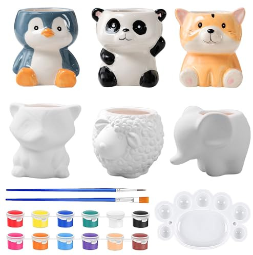 Vmxlso Lot de 21 pots de fleurs en céramique à peindre soi-même - 6 pots de fleurs à peindre - Pot de fleurs en céramique avec trou de drainage - Pots en céramique Bisque pour enfants, salle de classe