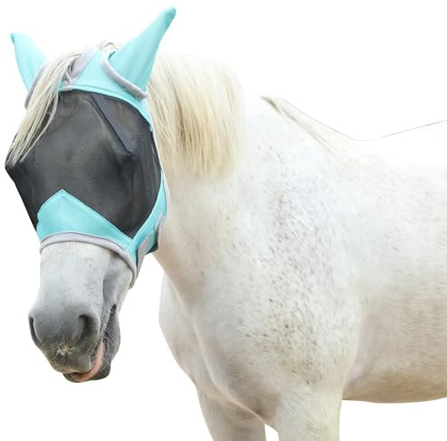 Gallopoff Fliegenmaske Pferd mit Ohren – leichtes Mesh, atmungsaktiv, UV-Schutz, weich gepolstert & bequem, verstellbar Hellgrün Cob