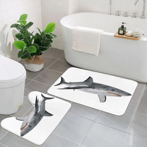 KGDHY Badezimmermatten-Sets 2-Teilig,Weißer Hai isoliert auf weißem Hintergrund,Bad und WC-Vorleger-Set,rutschfeste Badezimmerteppiche wasserabsorbierende