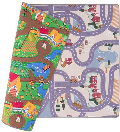 Pergamon Kinder Straßenteppich Beidseitig Fun Town und Bauernhof - Spielteppich für Kinderzimmer, mit Straßenmotiven und Dinosauriern, Fördert Kreativität und Fantasie