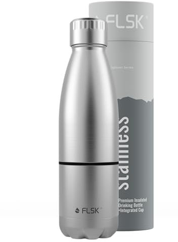 FLSK Trinkflasche mit Becher – Premium Edelstahl Thermosflasche mit 2-in-1-System – 100 % auslaufsicher & kohlensäuregeeignet – hält 24 h kalt & 18 h heiß – BPA-frei (stainless)