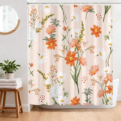 BREASOME Cortina de Ducha Floral de Naranja 180 x 180 cm Cortina Ducha Antimoho Cortina Baño de Tela de Poliéster Impermeable con 12 Ganchos