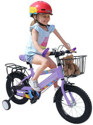 ROMYIX 14 Zoll Kinderfahrrad für 3-6 jährige Mädchen, Mädchen Kinderfahrrad mit Stützrädern&Korb,Violett Kinder Fahrrad Jungen Mädchen Fahrrad Kinder