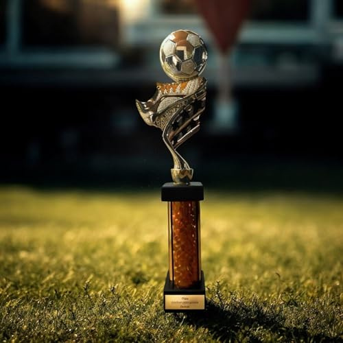 eberix · Fußball Pokal · mit Wunschgravur · Trophäe mit Ball & Schuh Motiv · Siegerpokal für Fußballturnier, Vereinsmeisterschaft, Jugendfußball, Sportfest · personalisierbar ·