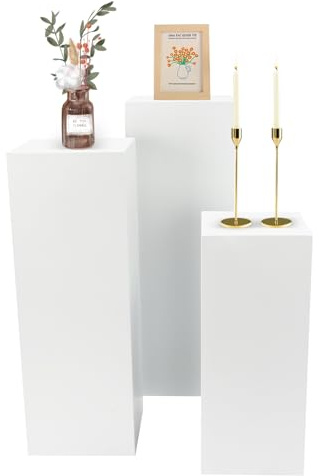 OtaniReno 3-Pack Metal Display Pedestal Stands, Square Modern White Wedding Centerpieces for Flowers/Cakes/Decor, Iron Floor Standing Pillars with High-Temp Coating (39.37/35.43/27.56in)